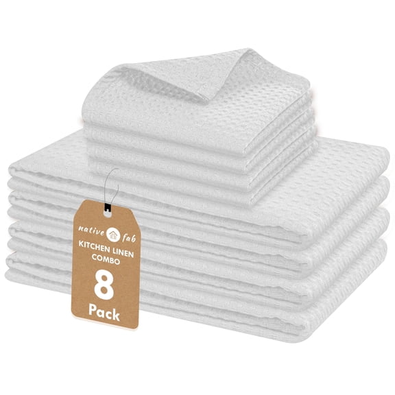 Native Fab Dish Towels & Dishcloths 8 Piece Set - 100% Cotton, Soft, Absorbent, Quick Drying Towel for Cleaning, Cooking, Baking - Machine Washable, Ideal for Home, Kitchen & Everyday Use - White