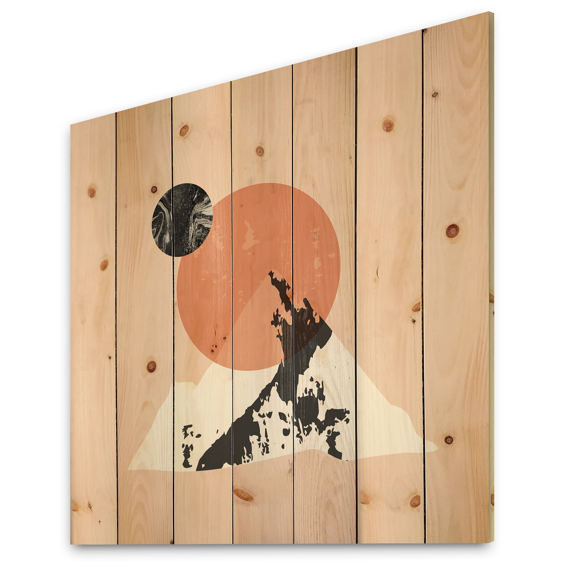 Designart 'Modern Minimalist Mountain Moon and Sun' Modern Print on Natural Pine Wood