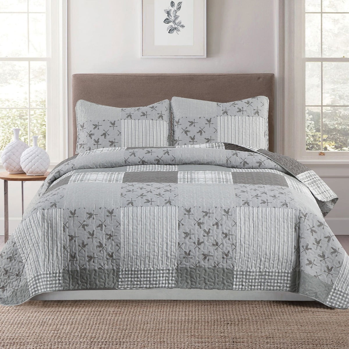 Rustic Farmhouse Patchwork King 3-Piece Quilt and Sham Bedding Set Coverlet  Bedspread, Grey White Plaid Stripes