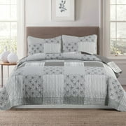 Aubrie Home Accents Rustic Farmhouse Patchwork Full/Queen 3-Piece Quilt and Sham Bedding Set Coverlet Bedspread, Grey White Plaid Stripes