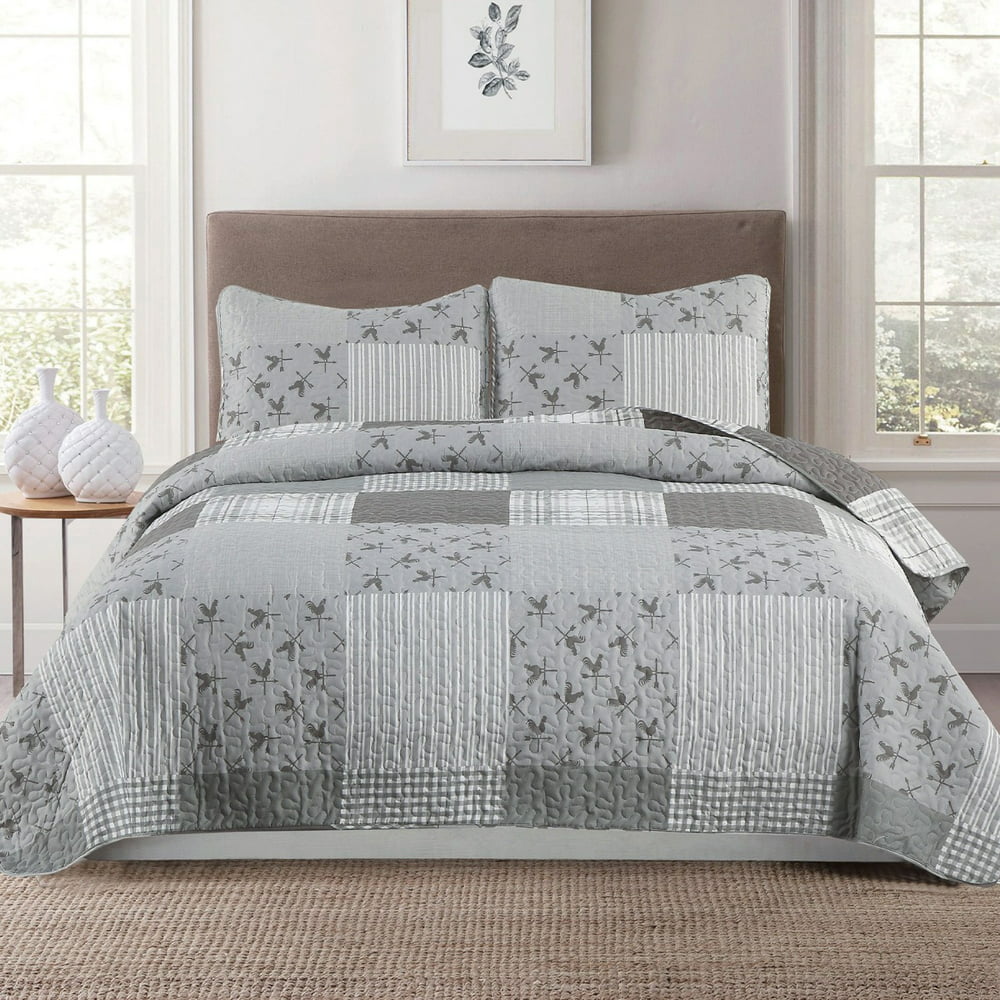 Rustic Farmhouse Patchwork Full/Queen 3-Piece Quilt and Sham Bedding ...