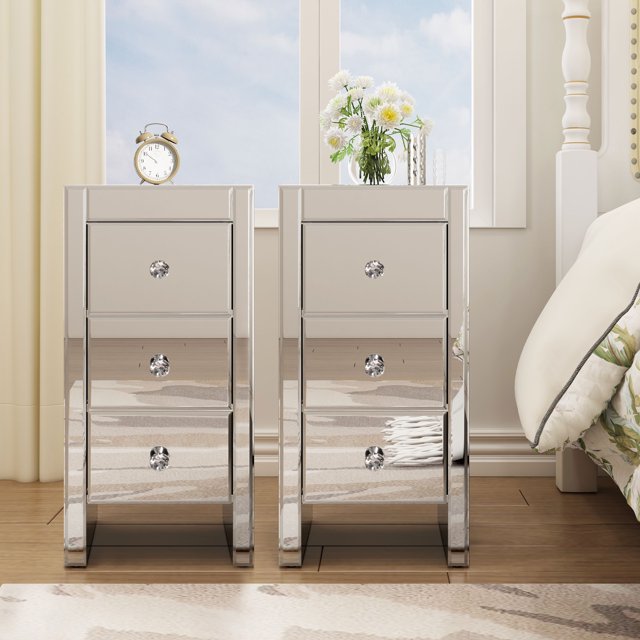 JAXPETY Set of 2 Mirrored Nightstand 3 Drawer Crystal Accent Silver