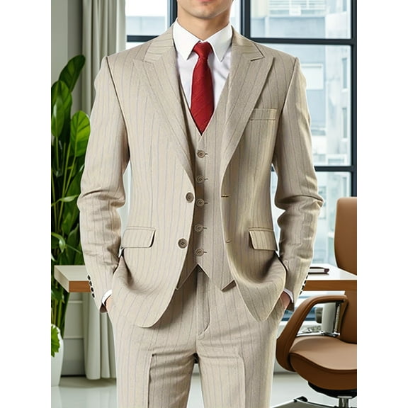 Beauty-Emily Men's 3-Piece Solid Color Pinstripe Suit Set, Jacket, Vest, Pants, for Wedding, Business, Party, Banquet, Prom, Formal Events, Performance, Travel, Holiday, Birthday