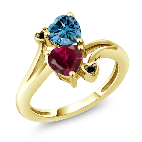 Gem Stone King 10K Yellow Gold Diamond Accent Ring Heart Shape Persian Blue Moissanite and Created Ruby Red (1.80 Cttw, Size 8)