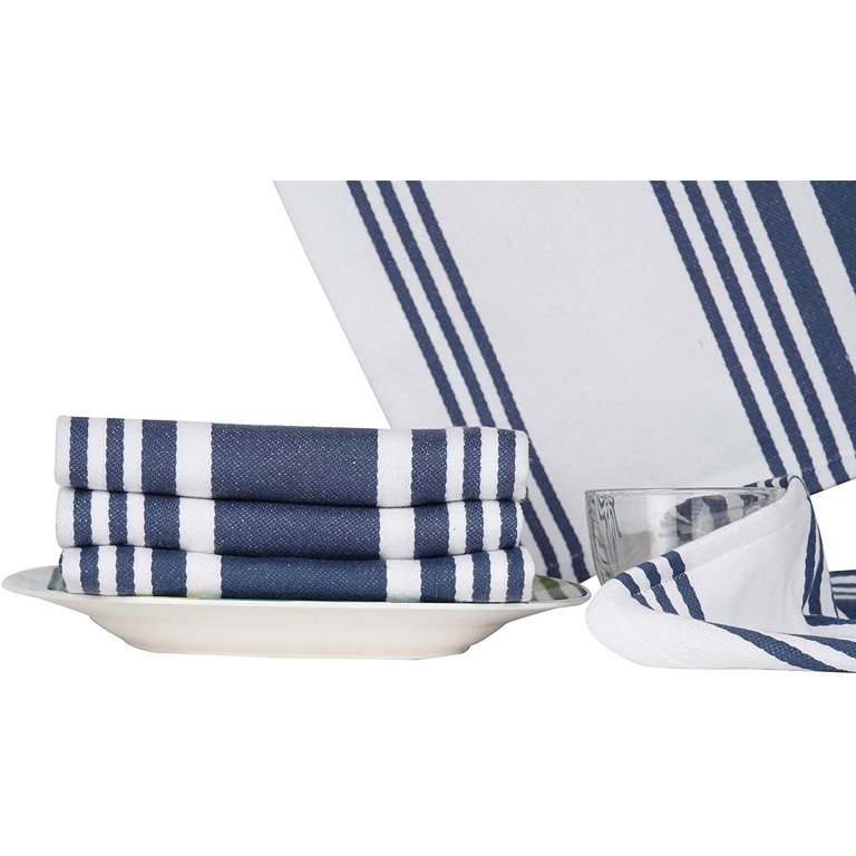 Urban Villa Set of 3 Kitchen Towels Highly Absorbent 100% Cotton Dish Towel  20X30 inch with Mitered Corners Trendy Stripes Indigo Blue/White Bar