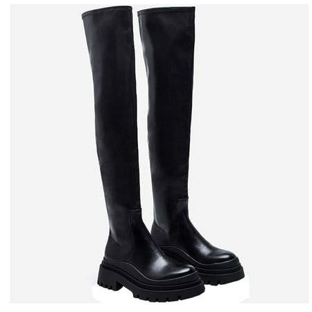 

KBKYBUYZ Women s Comfy Middle Heel Over-the-Knee Boots Solid Color Chunky Heel Round-Toe Boots