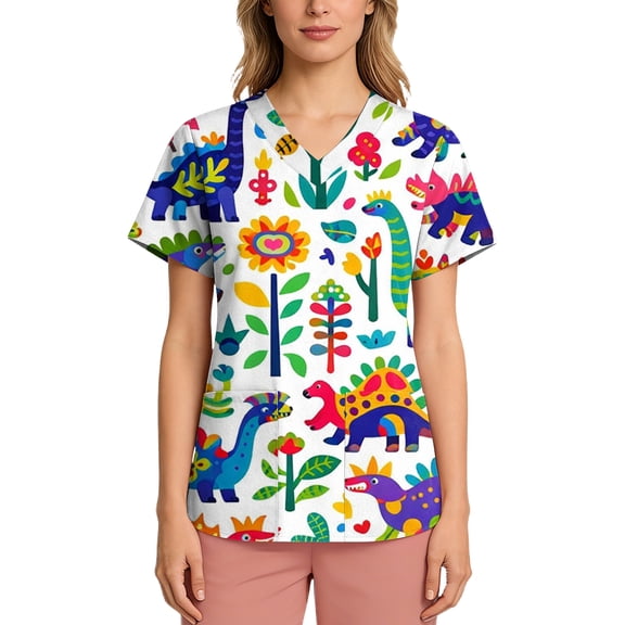 Womens Scrubs V-Neck Short Sleeve Animals Print Scrub Tops Cute Cartoon Medical Work Shirts