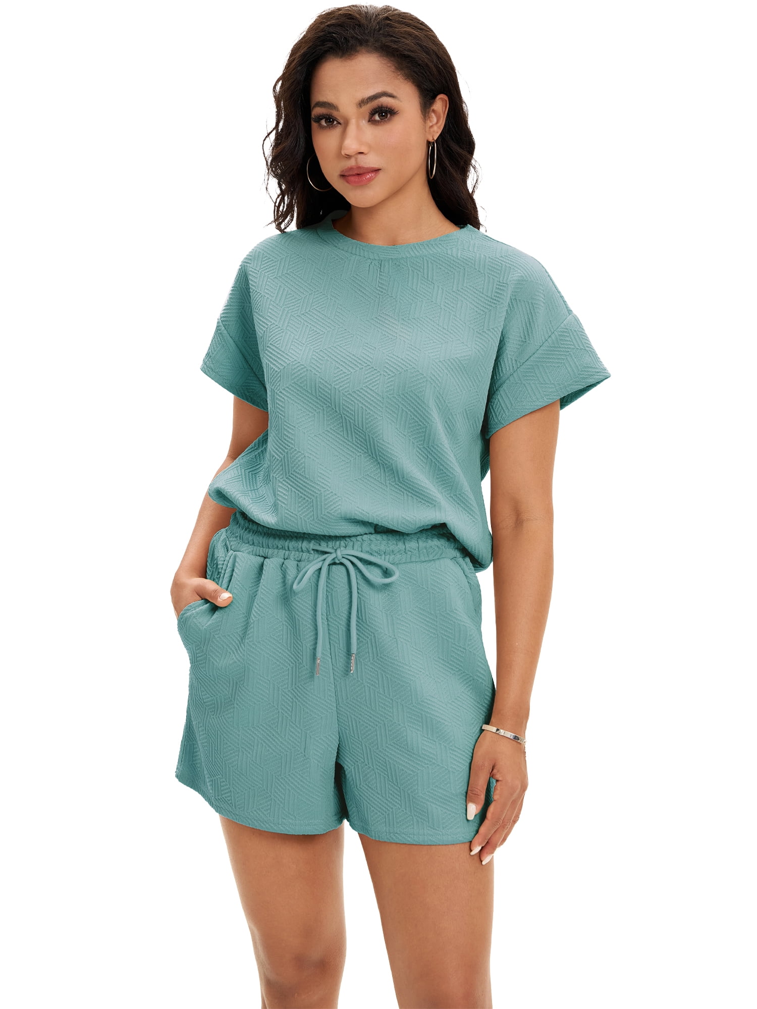 DARING DIVA Women's Summer 2 Pieces Outfits Short Sleeve Tops Shorts M Green