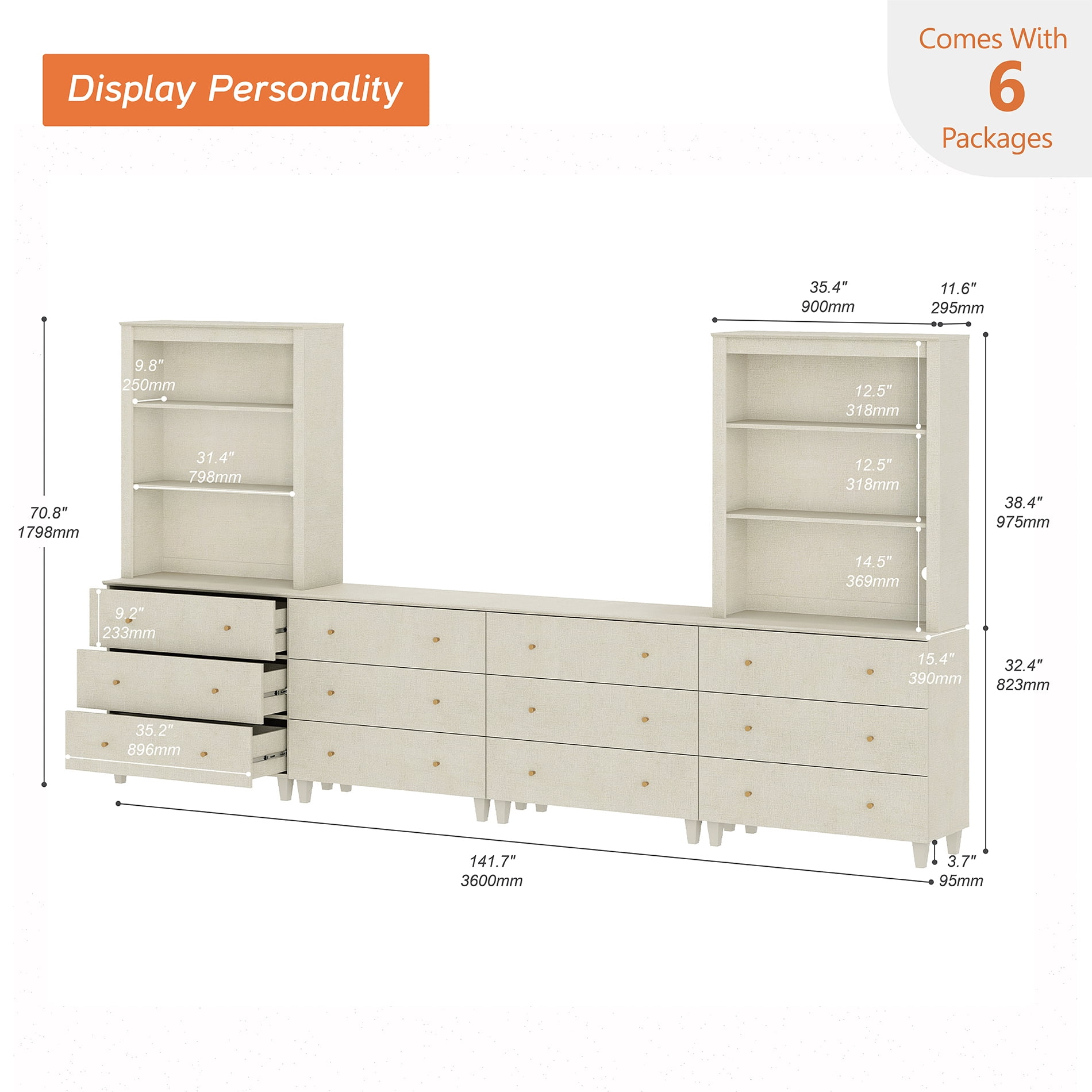 WAMPAT Entertainment Center and Side Table Set of 3, Modern Wooden TV Stand for 75" TV with Drawers and Open Shelves, 2 Charging End Tables for Living Room, Beige