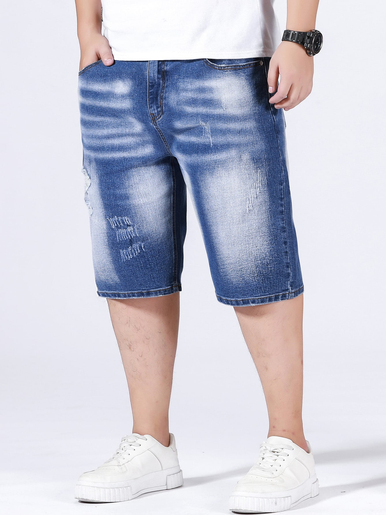 Men Stone Washed Ripped Denim Shorts 