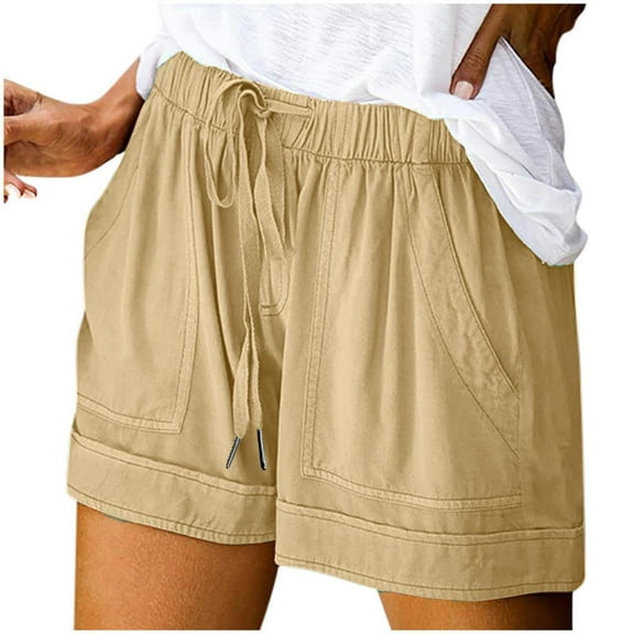 VERUGU Shorts for Women Plus Size Comfy Drawstring Casual Elastic Waist Pocket Loose Shorts Pants Khaki XXL