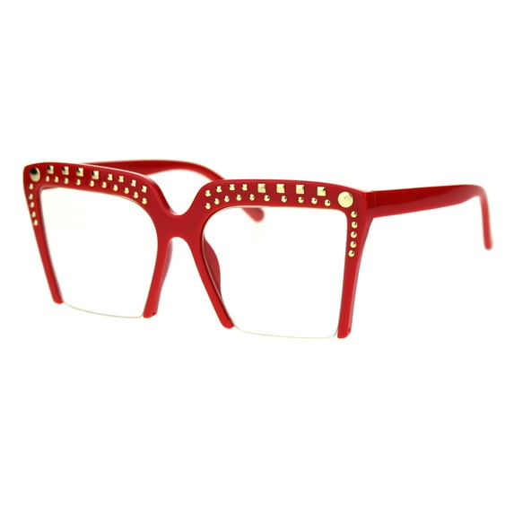 Womens Gold Metal Stud Crop Bottom Oversize Cat Eye Eyeglasses Red