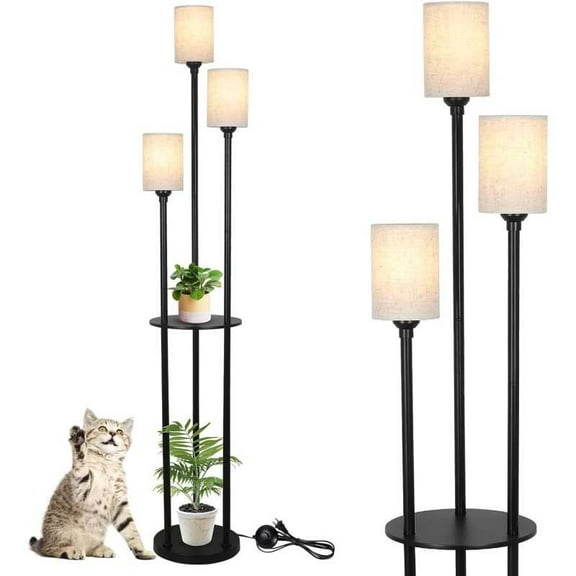 Shees, Modern Floor Living Room, 3-Lights with Linen Shade and Foot Switch, Industrial Standing Lamps Bedroom, Black Tall Table Lamp for Office