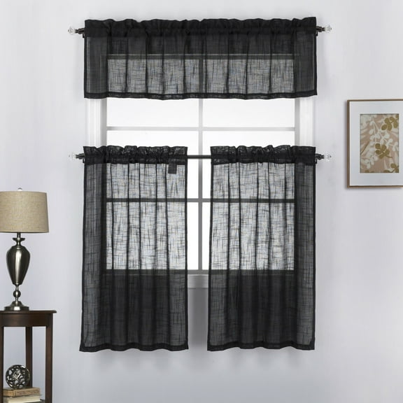 3 Piece Linen Semi Sheer Kitchen Window Treatment Curtain Tiers and Valance Set
