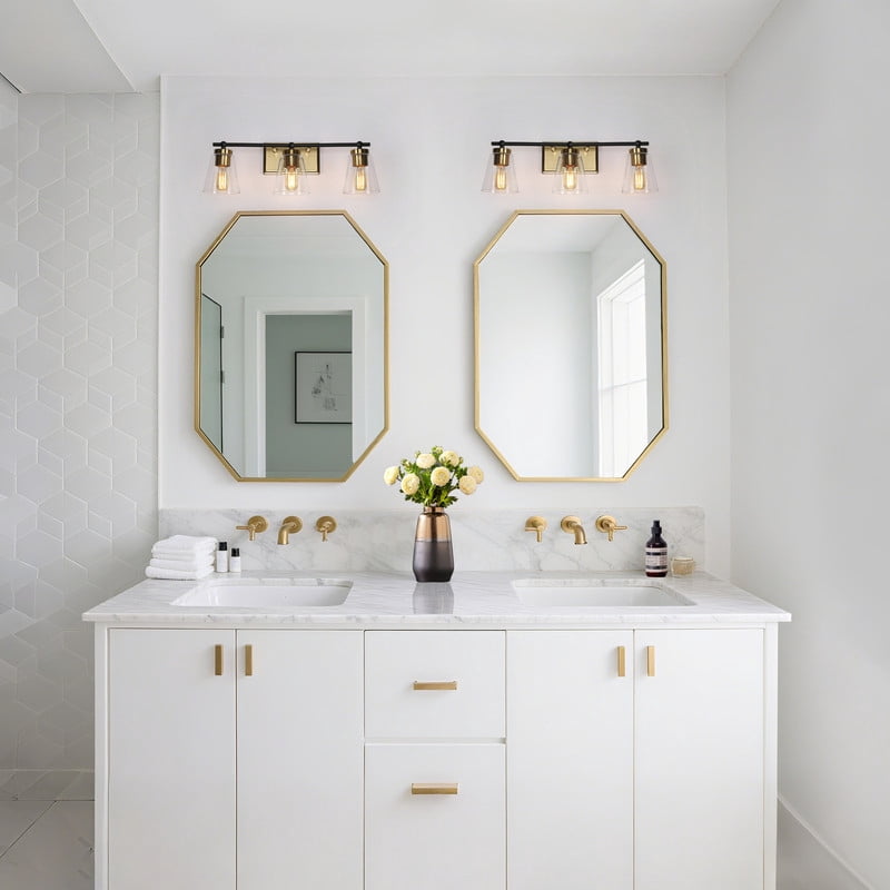 LNC 3-Light Bathroom Vanity Light with Seeded Glass Shades,Modern Black and Gold Finishes