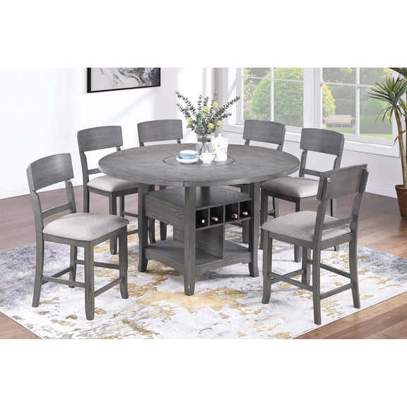 Miekor Furniture Contemporary 7pc Counter Height Dining Set Gray Table w Lazy Susan Built-in Leaf 6x High Chairs Kitchen Dining Room Storage Space Furniture MK0148