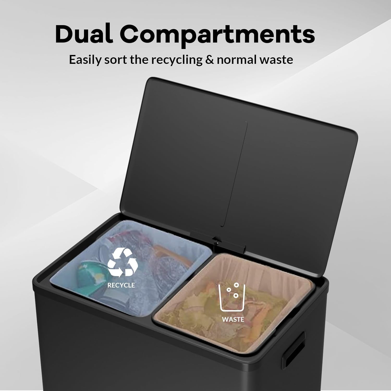 16 Gallon Kitchen Trash Can, 30L+30L Step Dual Recycling Bin with 2 Removable Barrel, Wide Step Pedal, Soft Close Lid, Large Stainless Steel Garbage Can for Home and Office