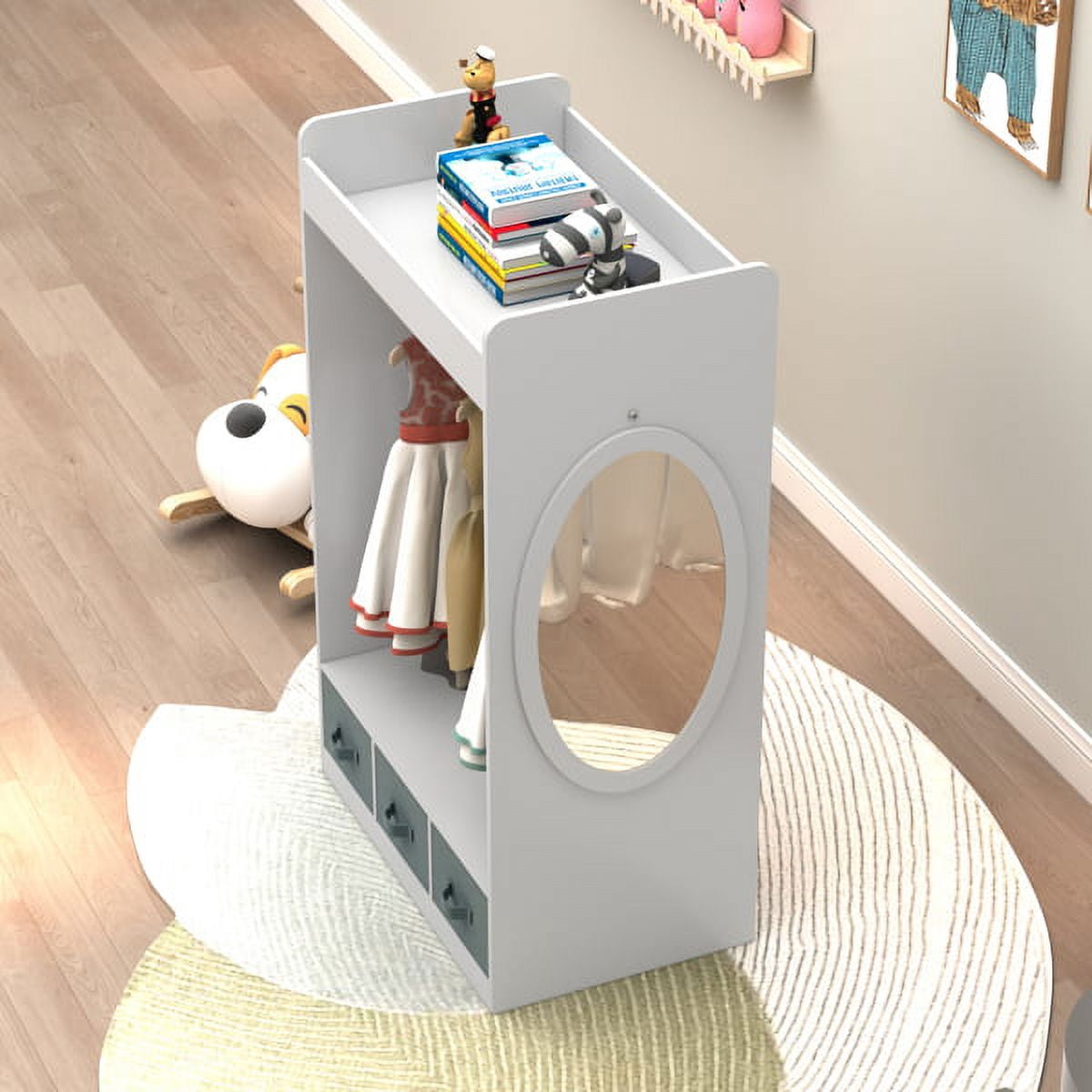 Kids Costume Organizer Rack, White Open Hanging Armoire Closet w/Full-Length Mirror, Playroom Storage for Dress-Up Clothes & Toys