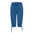 thumbnail image 6 of Bermuda Shorts for Women Length Drawstring Elastic Waist Linen Shorts Casual Summer Pedal Pushers with Pockets,Blue L, 6 of 6