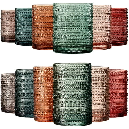 Colored 12-Piece Embossed Highball Glasses – Hobnail Beaded, Vintage Bubble, Whiskey/Old-Fashioned/Rocks Glassware