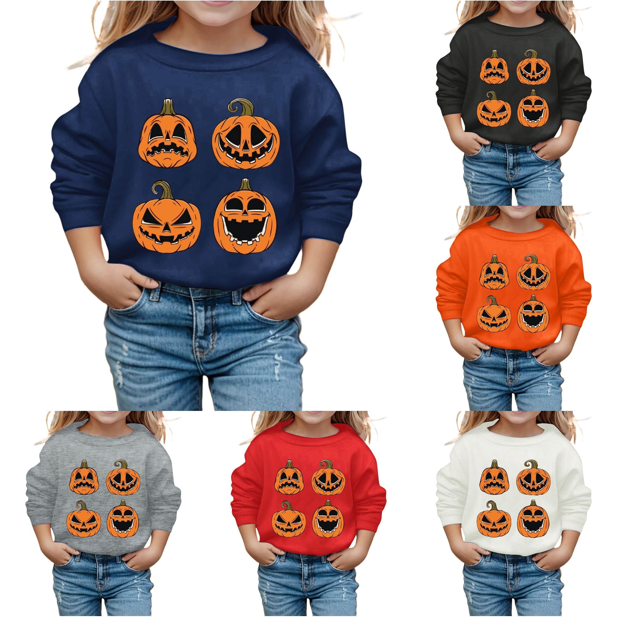 SONXAHE Girl s Pumpkin Face Sweatshirt Halloween Print Crewneck Long Sleeve Casual Pullover Tops Navy