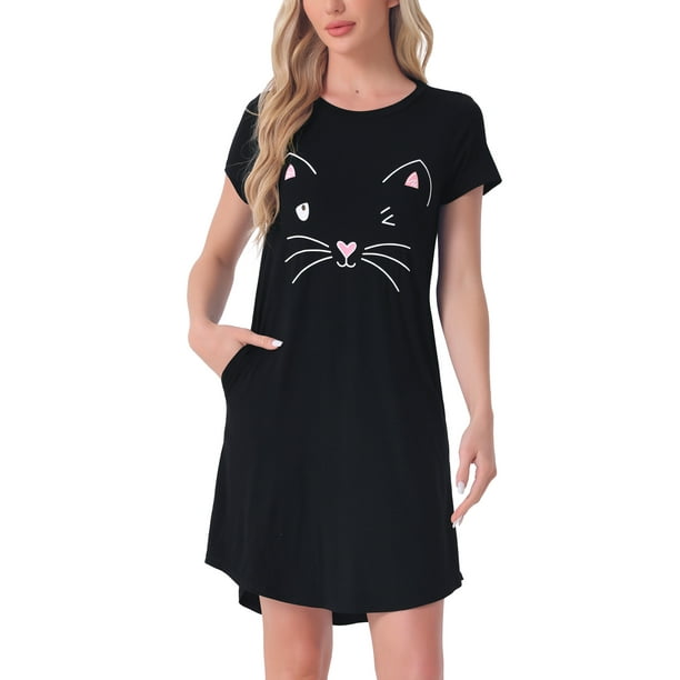 Pijamas de mujer para el Día de la Madre INSPIRE CHIC, camisones impresos de gatos, vestido de dormir de manga corta, L negro