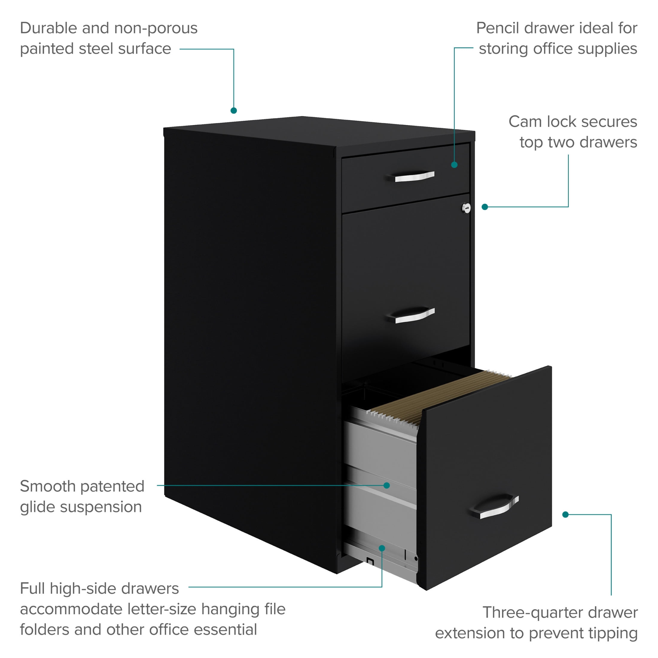 Space Solutions 3 Drawer Letter Width Vertical File Cabinet with Pencil Drawer, Black