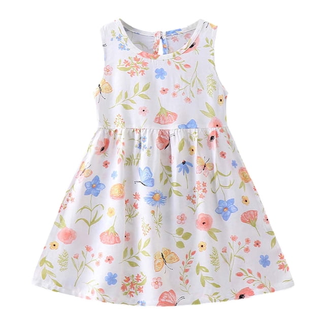 Robes pour Bébé Fille Robe d'Été Sans Manches à Fleurs Décontractée pour Vacances à la Plage et Usage Quotidien Robe Blanche 5 Ans-6 Ans