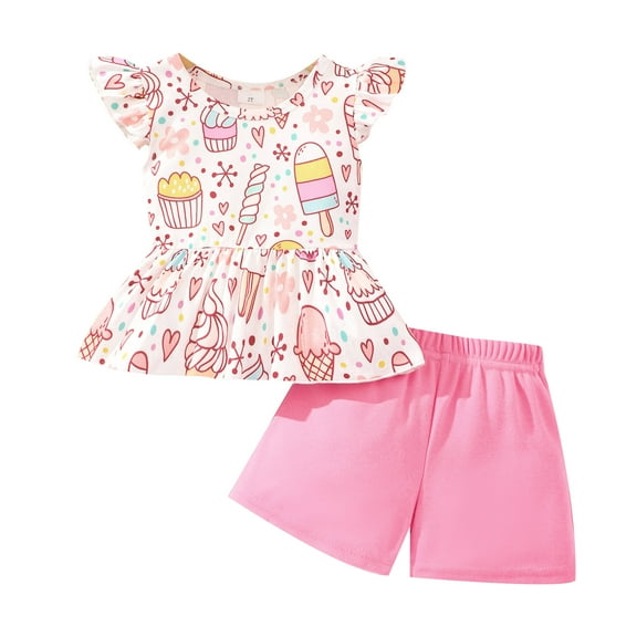 Girls Summer Clothes Toddler Outfits for Girl Clothing Sets Ice Cream Shirt and Pink Shorts Cute Short Sets 4T (866)