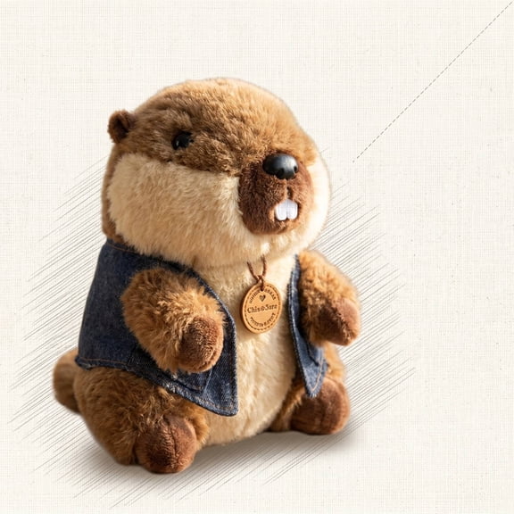 Soft Stuffed Groundhog Plush Doll with Waistcoat, Cute Realistic Animal Figure, Warm Sofa Decor Ornament for Household Indoor Daily Desktop Decoration