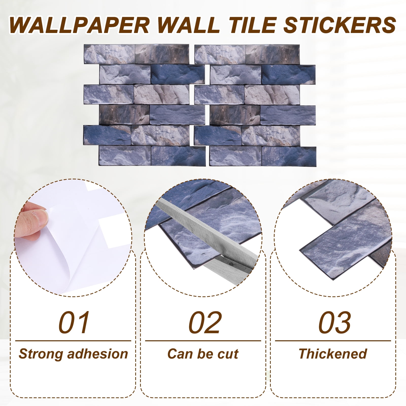 Uxcell 10Pcs Peel and Stick Backsplash Tiles 10.6" x 10.6" 3D Thickened Stone Texture Self-Adhesive Tile Stickers Wallpaper Wall for Kitchen Bathroom Bedroom, Blue Gray Brown