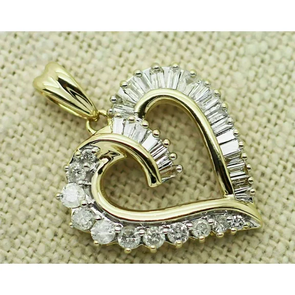 1.50 Ct Baguette and Round Cut Diamond Love Heart Pendant 14k Yellow Gold Plated