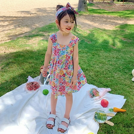 

Esho Toddler Girls Casual Sleeveless Floral Dresses Little Girl Summer Beach Dress Sundress with Headband 3-8T