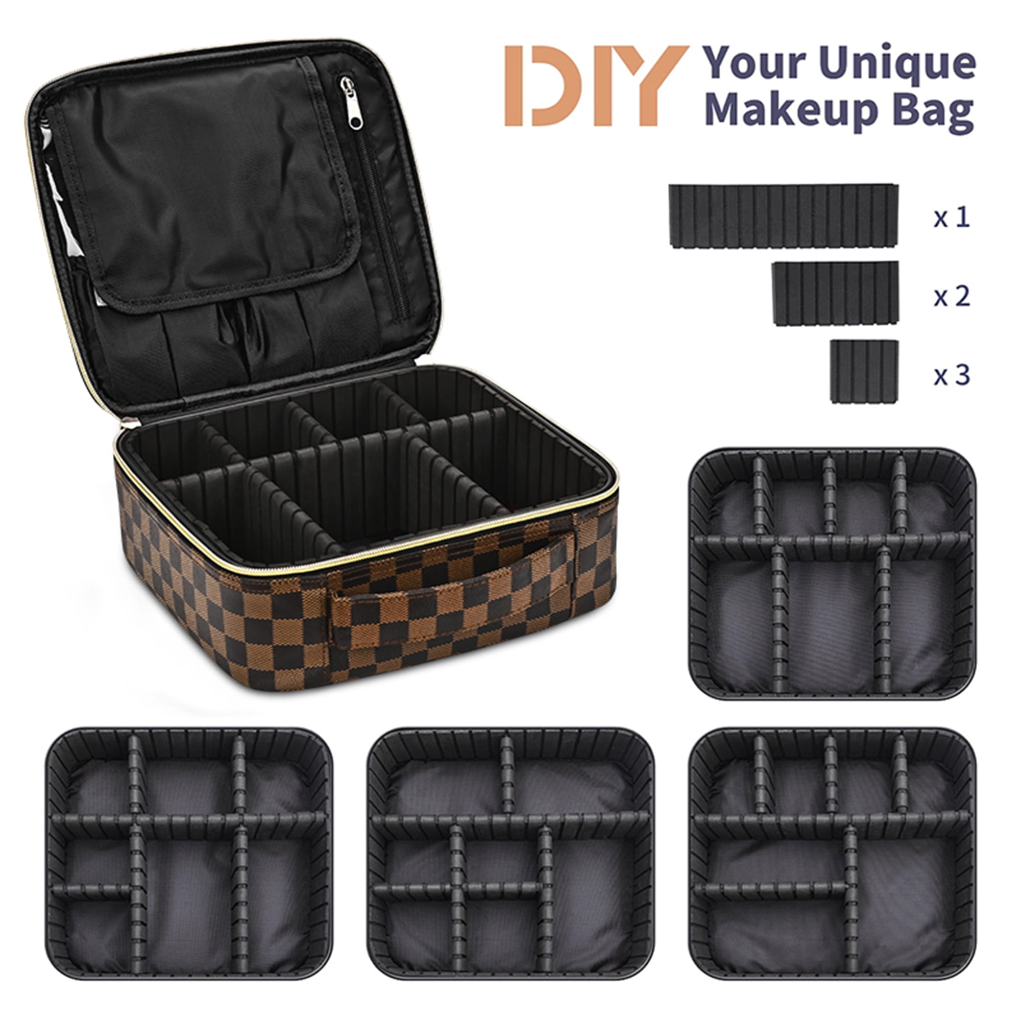 Makeup Bag for Women Checkered Cosmetic Case Travel Cosmetic Organizer with Adjustable Dividers Red