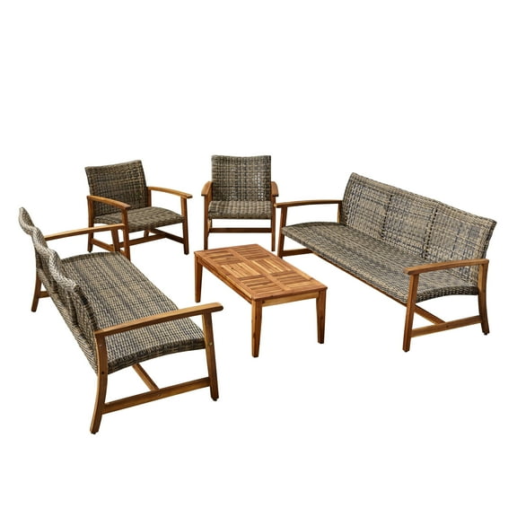 GDF Studio Beacher Outdoor 5 Piece Wood and Wicker Sofa Chat Set, Gray