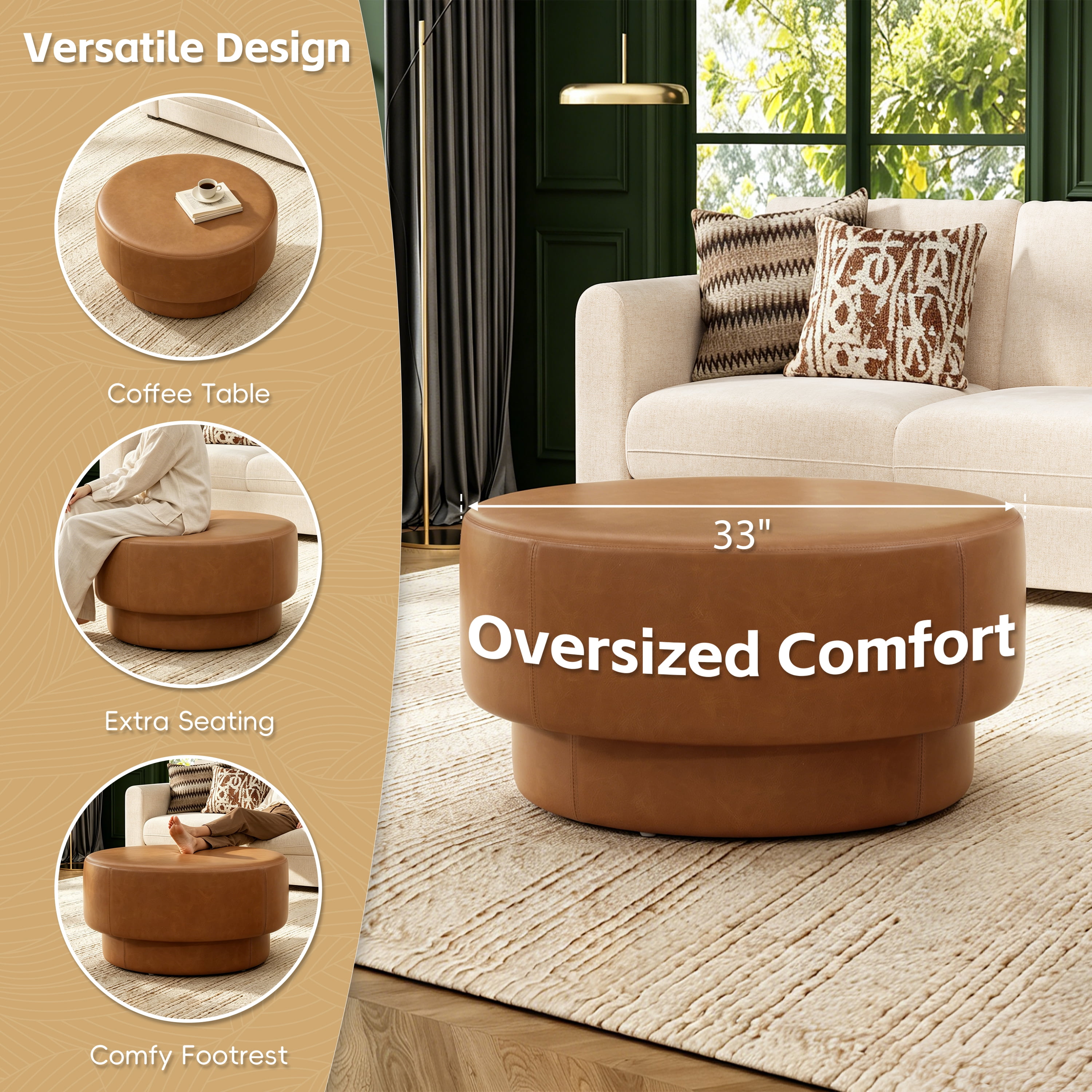 GARITIN Round Ottoman 33 Inch, Modern Double Deck Upholstered Footrest with Faux Leather Cover for Living Room, Brown