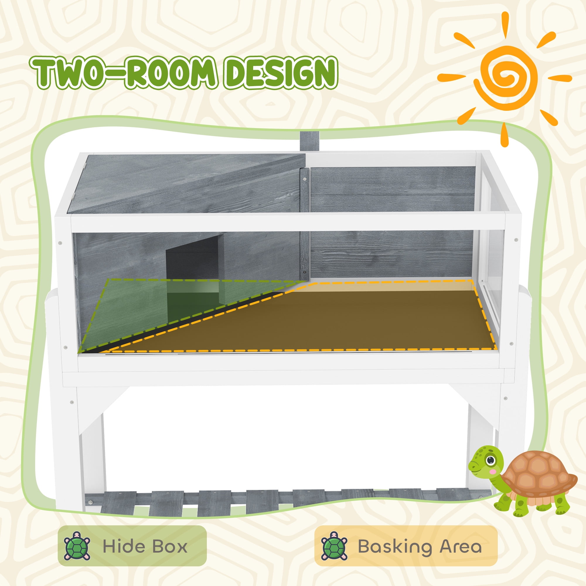 Tortoise House & Turtle Cage Enclosure with Basking Area, 2-Room Habitat with Viewing Windows, Lamp Holder, Easy Clean Tray & Storage Shelf, 33.3"L Fir Wood Terrarium