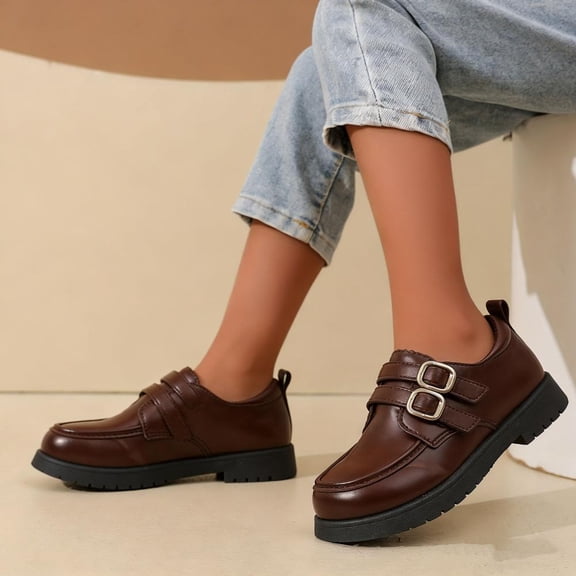 Bxsruta Little Kids Boys Girls Breathable Loafers Soft Sole Casual Leather Shoes British Style Slip on Loafers for School Daily Wear Size 24-35
