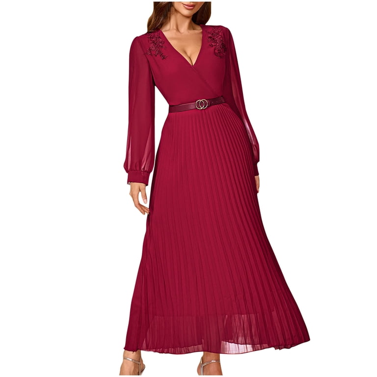 Wedding Guest Dresses for Women Long Sleeve V Neck Midi Dress Lace  Appliques Chiffon Solid Color Elegant Formal Evening Gowns