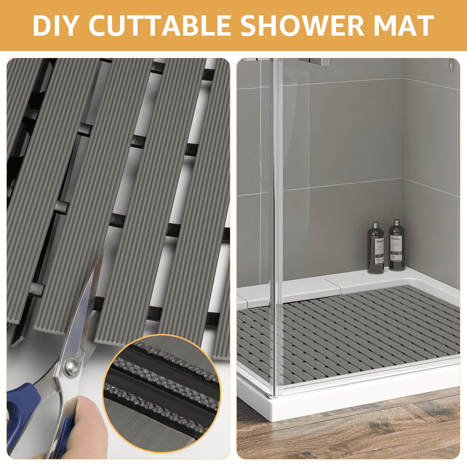 Yolife Extra Large PVC Shower Mat, 35.4x24 inch Non-Slip Bath Mat with Quick Drain, No Suction Cups, Easy to Cut & Store for Tub, Stall, Spa,Dark Grey