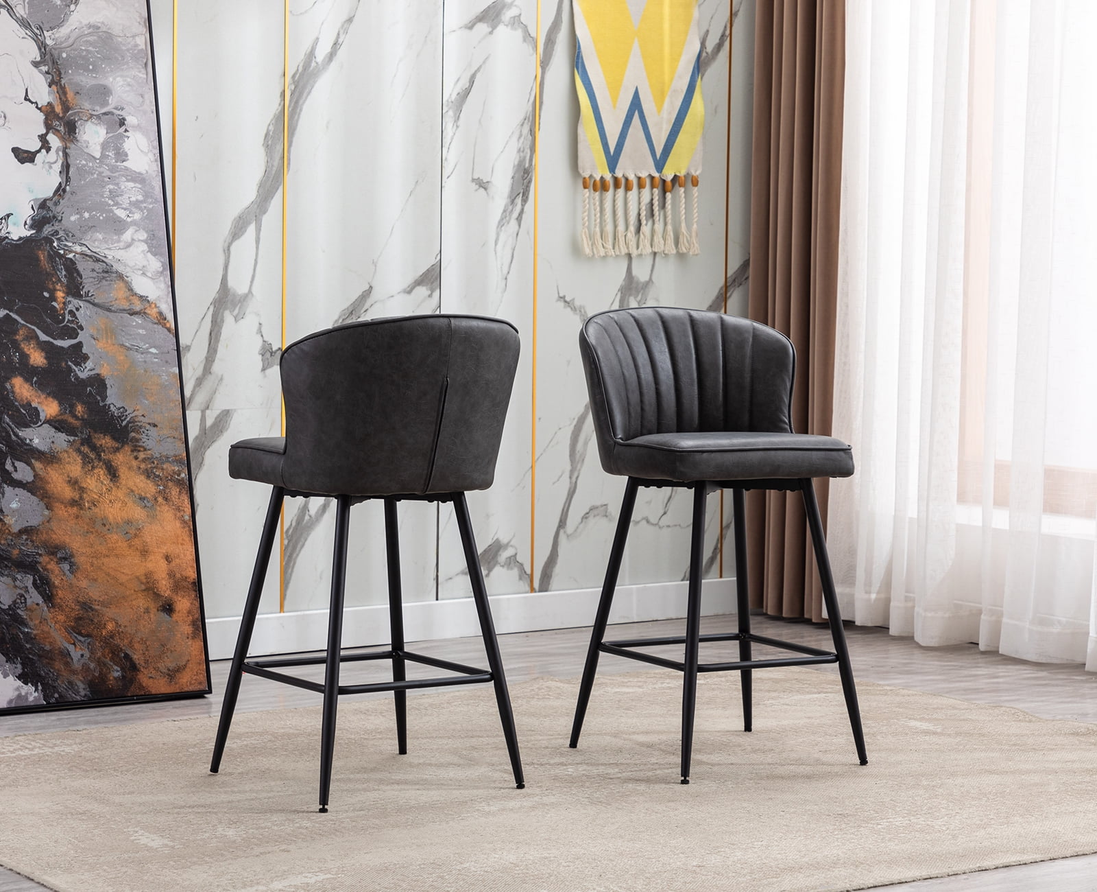 Guyou 26” Counter Height Bar Stools Set of 2, Modern PU Upholstered Kitchen Island Chairs, Barstools with Back and Footrest for Kitchen Island Pub Restaurant, Grey