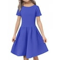 thumbnail image 1 of XIMIN Robe d'Été Décontractée pour Filles à Manches Courtes, Col Rond, Ligne A, Fluide, Midi, Robe Soleil pour l'École, Fête, Plage, Vacances, Usage Quotidien (Bleu, 5-6 Ans), 1 of 6