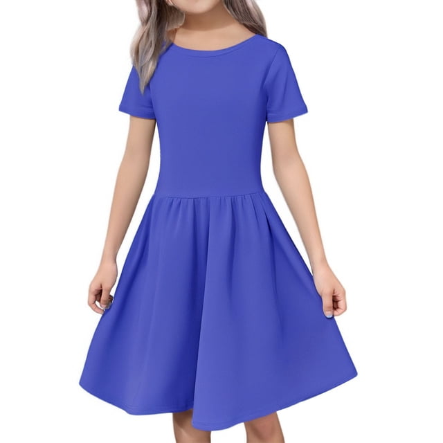 XIMIN Robe d'Été Décontractée pour Filles à Manches Courtes, Col Rond, Ligne A, Fluide, Midi, Robe Soleil pour l'École, Fête, Plage, Vacances, Usage Quotidien (Bleu, 5-6 Ans)