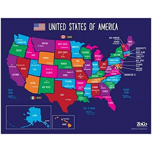 Map of USA States and Capitals Poster - Laminated, 17 x 22 inches - Colorful United States Map for Kids - North America, US Wall Map