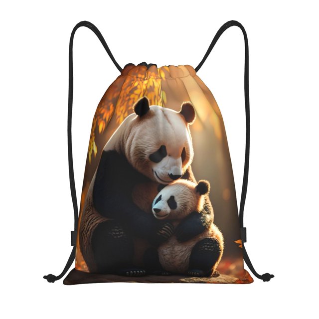 Xecao Maple Forest Panda Pattern Sports Drawstring Backpack - String Swim Gym Bag with Wet Proof Pocket for Women&Men-Medium