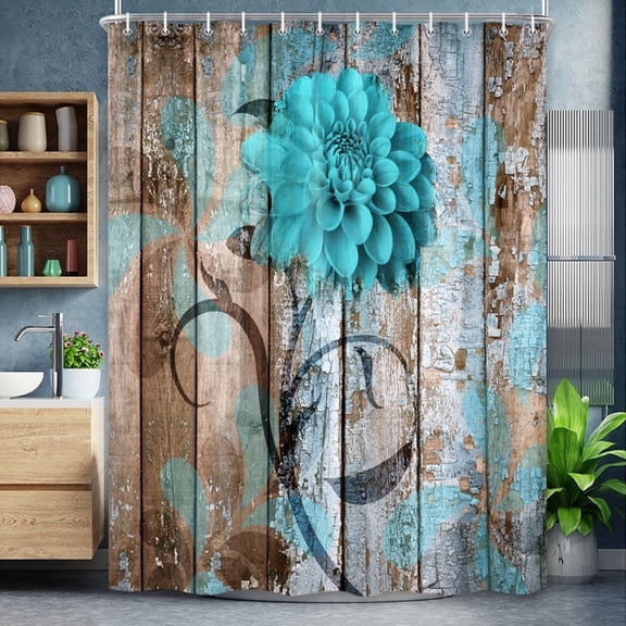 Farmhouse Floral Shower Curtain 69x70 Inch, Teal Barn Wood Country Turquoise Blue Brown Bathroom Decor with Hooks
