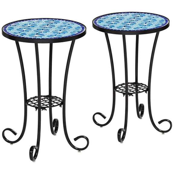 Teal Island Designs Coastal Black Round Outdoor Accent Side Tables 14" Wide Set of 2 Blue Stars Mosaic Tabletop Front Porch Patio Home House