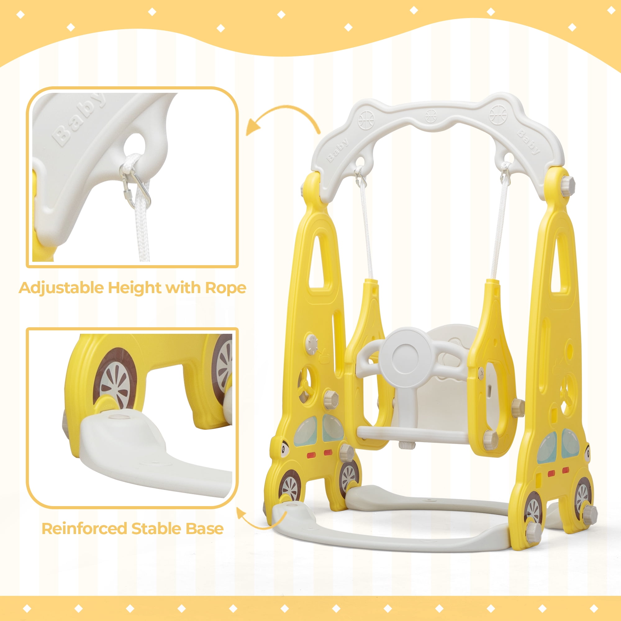 TOBBI 4 in 1 Toddler Climber and Swing Set, Play Climber Freestanding Slides Playset for Kids, Indoor Outdoor Playground Toy with Basketball Hoop & Ball Yellow