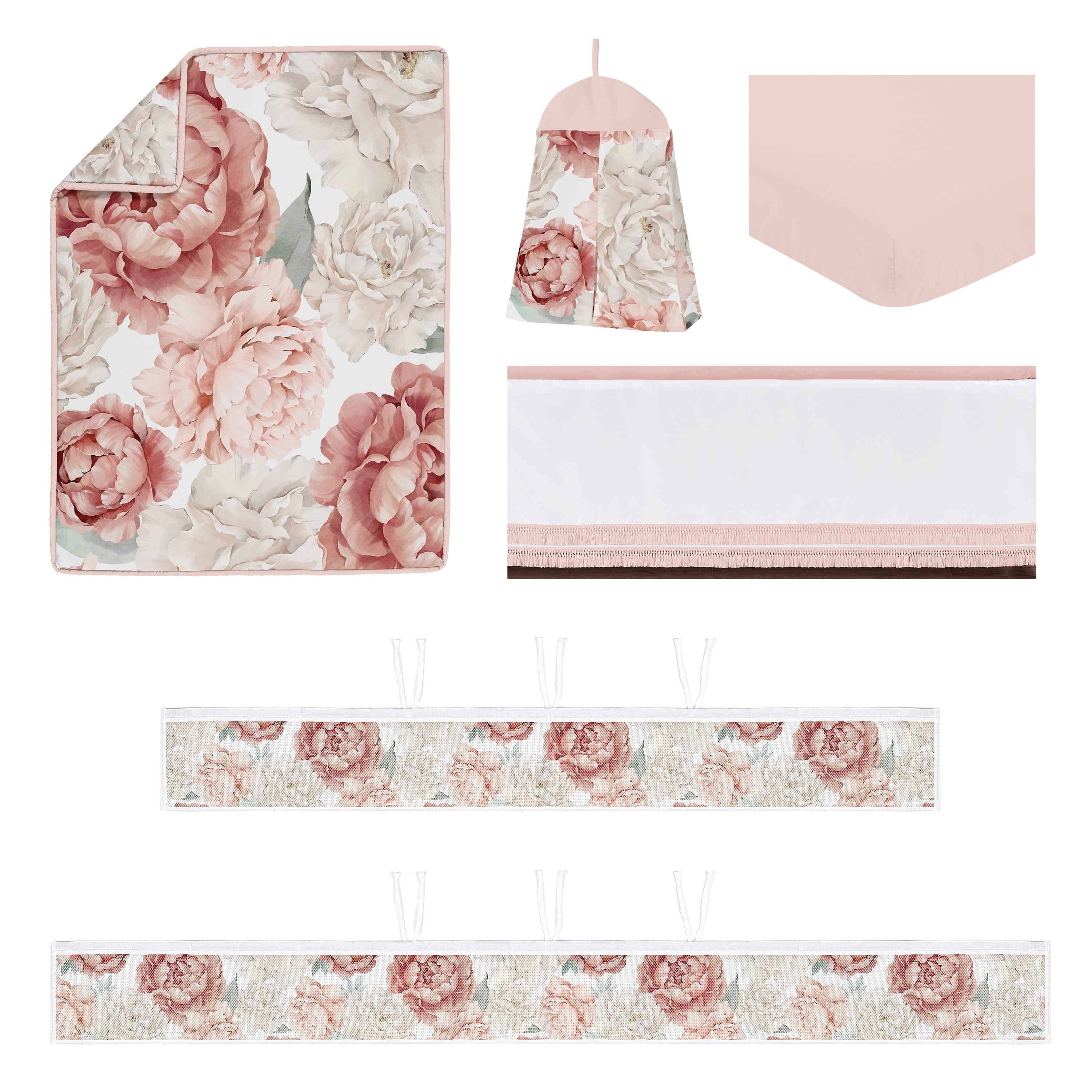 Sweet Jojo Designs Peony Floral Garden Pink Ivory Crib Bedding + BreathableBaby Breathable Mesh Liner Pad
