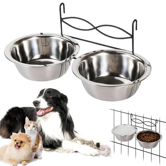 Asunby Non-Spill Hanging Dog Cat Bowl - Stainless Steel Kennel Feeder with Hook - Food/Water Bowl for Crates & Cages